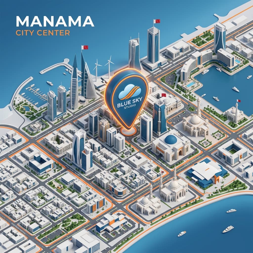 Premium 3D isometric stylized map of Manama city center with Blue Sky studio location marked in brand colors