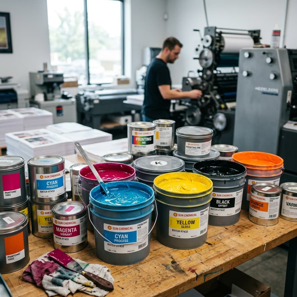 Professional industrial printing ink buckets and cans in a studio, showing vibrant cyan, magenta, and yellow inks for high-precision printing